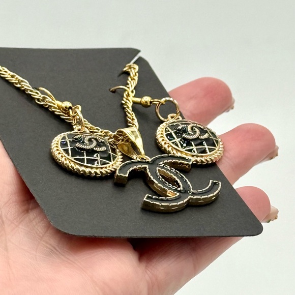 Upcycled 3-Piece Chancel Earrings + Pendant Necklace - Authentic, Stamped - Gold - Picture 6 of 7